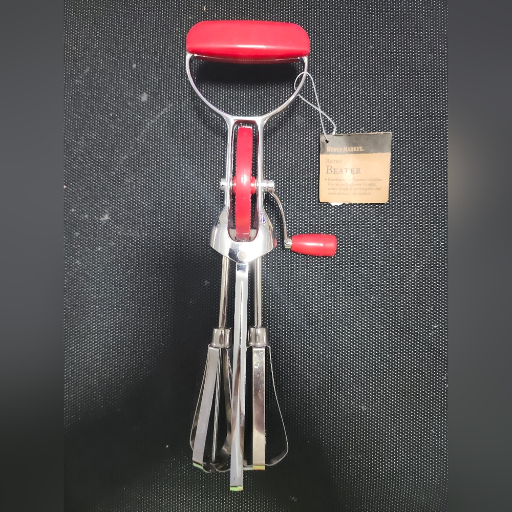 World Market Retro Red Stainless Steele  Handheld Manual Crank Beater Mixer NWT